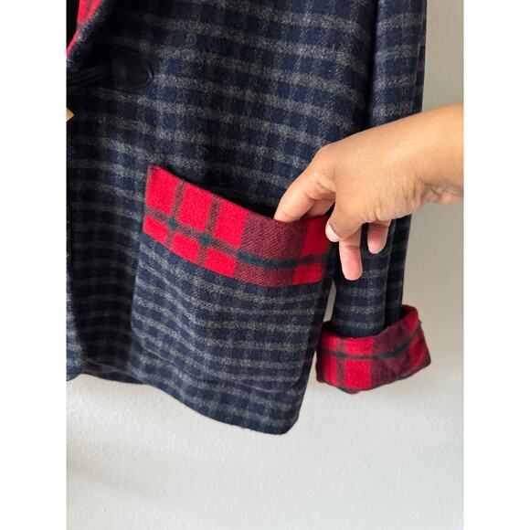 Vtg Ralph Lauren Lambs New Wool  Red Tartan Plaid Festive Blazer Horn Toggle M - Picture 11 of 16
